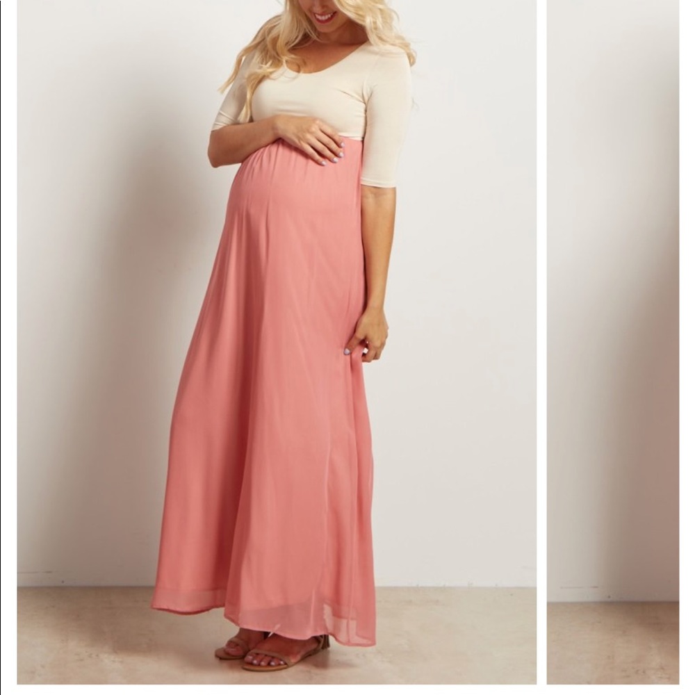 Blush Pink Chiffon Colorblock Maternity Maxi Dress